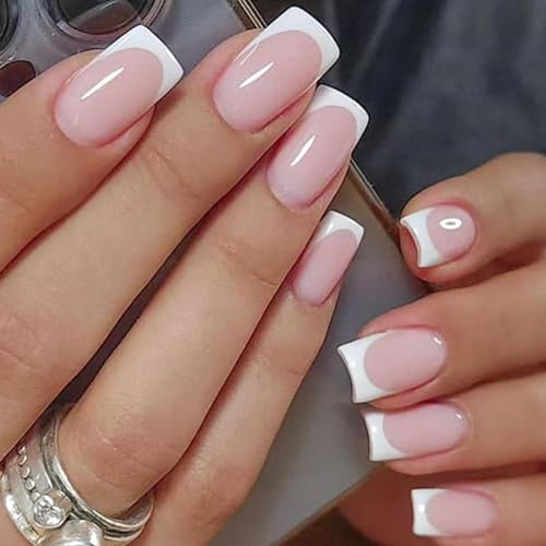 Soft Pink and White Tip Square-to-Round Press on Nails with Glossy Finish - Short Reusable False Nails Set for DIY Manicure, Easy Application Kit & Salon Quality French Style Manicure Look