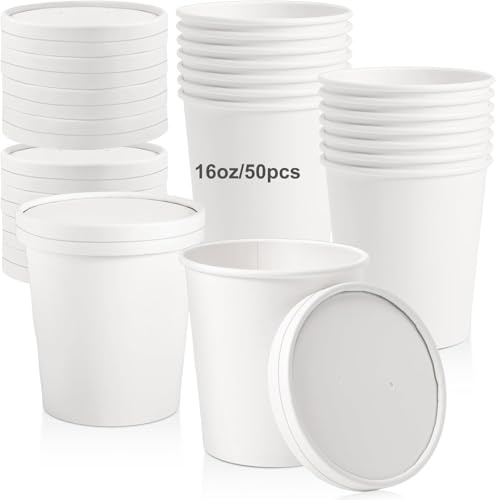WEIWUXIAN 50 Piezas 460ml Vasos de Papel para Sopa con Tapa, Vasos de Papel para Helado Contenedores, Tapa Blanca Taza Compostable Cuenco Cartón Kraft para Frutas Postre Aperitivos