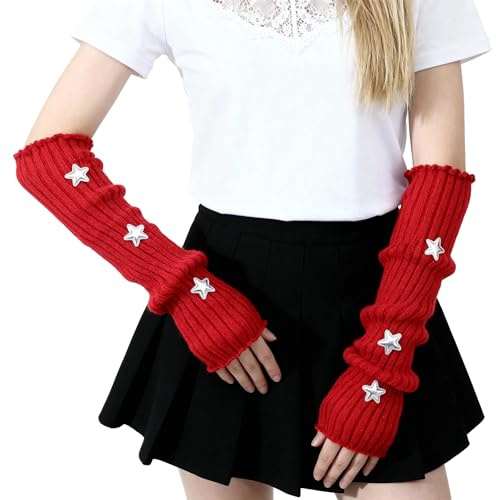 Kawaii Star Arm Warmers Y2K for Girls & Women, Harajuku Style White Arm Warmers, Soft Knit Y2K Long Fingerless Gloves Sleeve, Cute Japanese Lolita Accessories, Warm in Winter Cold Weather (red)