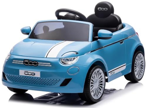 Macchina Elettrica Auto elettrico per Bambini 12V F i a t 500 Auto Giocattolo Full Optional con Telecomando Parentale Soft Start e Cintura di Sicurezza luci led (BLU)