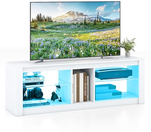 COSTWAY LED TV Stand Cabinet for 65 Inch TVs, Wooden Media Entertainment Center with RGB LED Lights and Adjustable Tempered Glass Shelves, 140cm Living Room Bedroom TV Unit Console Table (White)