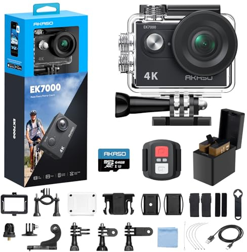 AKASO EK7000 4K30FPS 20MP WiFi Action Camera with 64GB MicroSD Memory Card Bundle EIS Ultra HD 131FT Waterproof Underwater Camera Remote Control 4X Zoom Support External Microphone Black