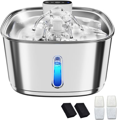 Pawinner 3,2 l Kattfontän i rostfritt stål, trådlös med rörelsesensor, dricksfontän för katt med batteri 4000 mAh, super tyst vattenfontän för katter, batteridriven, 2 filter + 2 svamp + 1 borste