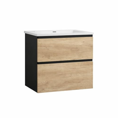 Baikal Mueble de Baño Lia. Mueble MONTADO. 2 Cajones Suspendido con Lavabo Ceramico. Armario de Baño. Cierre Amortiguado. Altura 64cm. 60cm. Negro - Nature