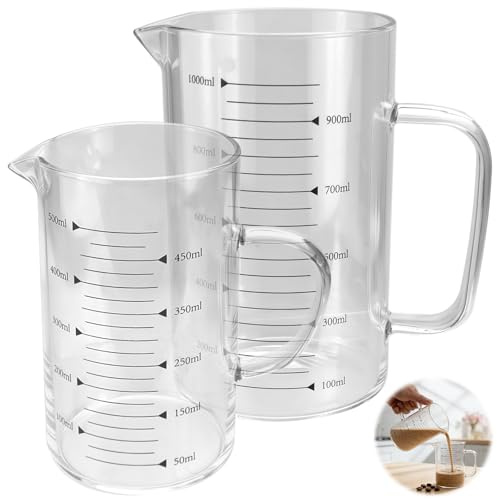 WPPQWP Vaso medidor de cristal 500 ml + 1 L, juego de vasos medidores para hornear y cocinar, apto para microondas, resistente a la temperatura