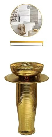 LQAIomn Pedestal Sink Floor Standing Bathroom Vanity Sink, Golden Corrugation Pedestal Sink Washbasin, 3-Pieces Ceramic Column Basin Bathroom Sink Combo, Fauc(B)