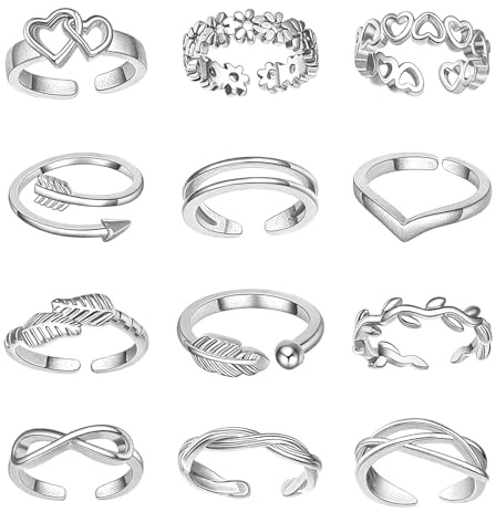 12 Pezzi Anelli per Dita dei Piedi Donna, Set di Gioielli Aperti Regolabili in Lega Argento da Sovrapporre, Anelli Knuckle Regolabili per Piedi Donna, Regalo Amicizia Festa della Mamma, San Valentino
