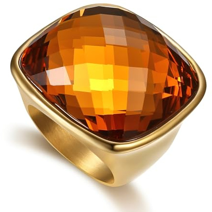 Chunky Square Cushion-Cut Crystal Glass Statement Ring, Gold-Tone Plated Stainless Steel Band, Oversized Geometric Cocktail Prom Jewellery for Women Men, 2.8cm Faceted Stone (Amber, US8=Q)