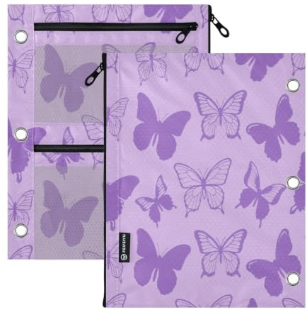 3 Ringing pencil pouching 2 Pack Fashion Lilac Butterflies 11''x8.9'' | smooth zipper pencil pouching for kids clear window School Class Office Organizers