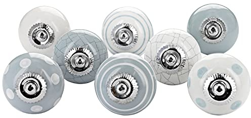 G Decor Grau und Weiß Türknäufe aus Keramik, Vintage, Shabby Chic Griffe für Schränke oder Schubladen (8er-Pack)