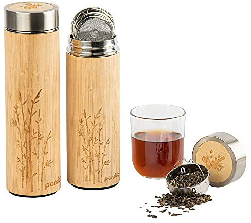 pandoo Tea to-go - Thermos in bambù da 480 ml, bottiglia termica a doppia parete, thermos da viaggio, thermos per tè e acqua, con colino in acciaio inox, senza BPA