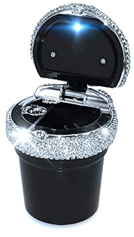 Portable Car Ashtray, Bling-Bling Cigarette Smokeless Cylinder Cup Holder, LED Light Car Ashtray for Women and Men, Black