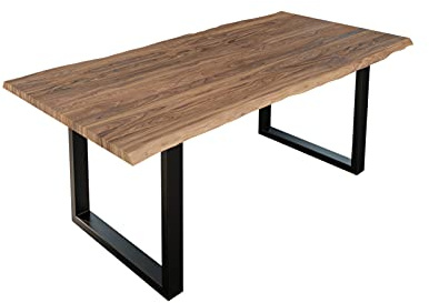 SAM Esstisch Lauren 220x100 cm Akazie Stone Baumkante U-Gestell schwarz | Baumkantentisch massiv, Akazienholz stonefarben, Metallgestell, Esszimmertisch
