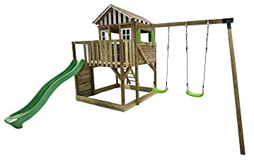 MASGAMES | Lollipop Kinder Laufstall mit Schaukel | Hochbeet mit Rutsche | Leiter-Einstieg | Kletterwand | Behandeltes Holz für den Außenbereich | Zweisitz-Schaukel | (L)