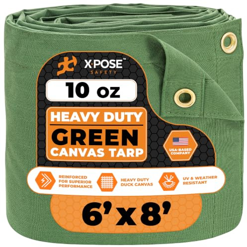 Xpose Safety Canvas Tarp - 10oz Green Canvas Tarps Heavy Duty Water Resistant with Brass Grommets- Multipurpose Outdoor Tarpaulin for Camping, Canopy, Trailer, Equipment Cover 6' x 8'