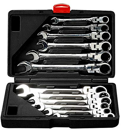 FLZOSPER 12pc. Tightspot Flex-Head Ratcheting Wrench Set，8-19mm Metric CR-V Quick Access Spanner with Portable Toolbox (12PC. Flex Head Wrench)