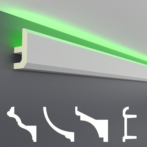 Paquete de ahorro de molduras de estuco HEXIM LED - Iluminación indirecta con molduras de techo de PU, claras y opacas- (2m LED-13) Accesorios para molduras de pared