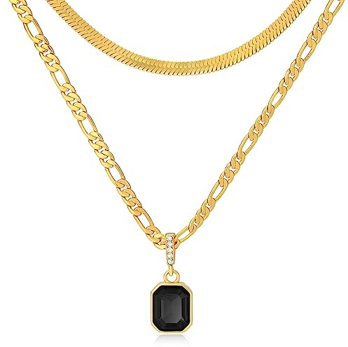 Mesovor Goldene Geschichtet Ketten Halsketten mit Anhänger Kristall, 18 Karat Vergoldete Figaro und Schlangenkette Halsband Halskette für Frauen Mädchen Schmuck Geschenke