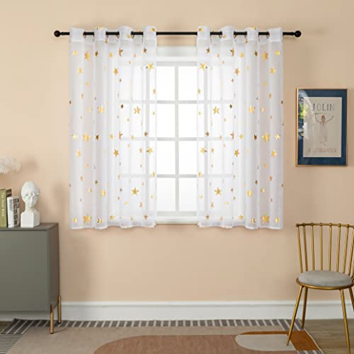 GIRASOLE HOME® 1 paire de rideaux en voile à motifs étoiles dorées, blanc pour intérieur avec œillets, 2 panneaux (étoiles dorées, 140 x 145 cm)