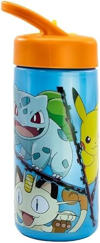 Pokémon Bottiglia Riutilizzabile, Design Resistente, Borraccia da Viaggio con Cannuccia, Bottiglia con Manico, Senza BPA, Capacità 410 ml (Arancia)