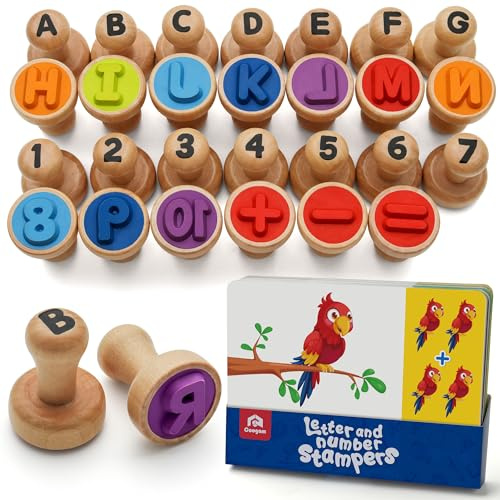 Coogam Holzbuchstaben mit digitalen Siegeln für Kinder | ABC Schreibbuchstaben Siegel und Mathematik Lernen mit digitalen Siegeln, Montessori Bildungspielzeug Geschenk 3-4-5 Jahre