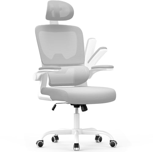 naspaluro Ergonomic Office Chairs, High Big Study Desk Computer Chair with Back Support, Adjustable Headrest and Flip-up Armrests Gray Work Chair, Swivel Comfy PC Mesh Office Chairs for Home Office