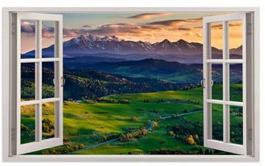 Cuadros en Lienzo Ventana Vista-Falsa Ventana Imagen-Naturaleza Paisaje Pintura Decoración Dormitorio Baño Hogar-nubes montaña Árboles pastizales 50x85cm20x33inch Sin Marco