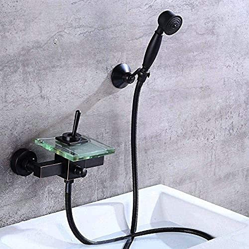 Wasserhahn, komplett bronzefarben, schwarz, matt, antik, in die Wand, Warm- und Kaltwasserhahn, Dusche, Milchglas, Wasserfall, Wasserauslass, zwei Stil-Duschsets, Badewannen, Dusche