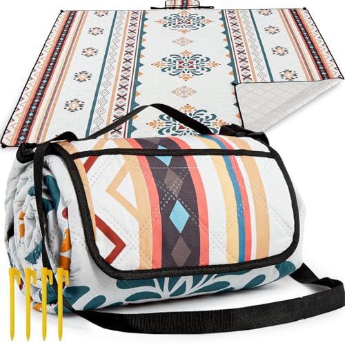 Aptliton Waterproof Picnic Blanket, 200 x 200 cm, Large Picnic Mat with 4 Stakes Carry Strap for Camping, Park, Garden, Beach, Outdoor, Machine Washable, Foldable and Portable, Bohemian