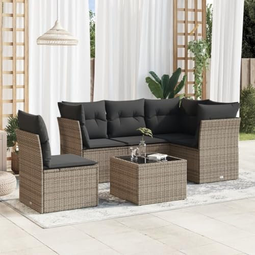 ULUYYUC 6-TLG. Garten-Sofagarnitur, Eckbank Ecksofa Eckbankgruppe Gästebett Geeignet für Garten Außenbereich Balkon Hinterhof mit Kissen Grau Poly Rattan