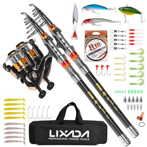 Lixada 2-teiliges Angelruten- und Rollen-Set, Teleskop-Angelrute aus Kohlefaser mit Spinnrollen-Set, Tragetasche, Koffer, Salzwasser/Süßwasser, Reise-Angelköder, Jighaken, komplettes Set