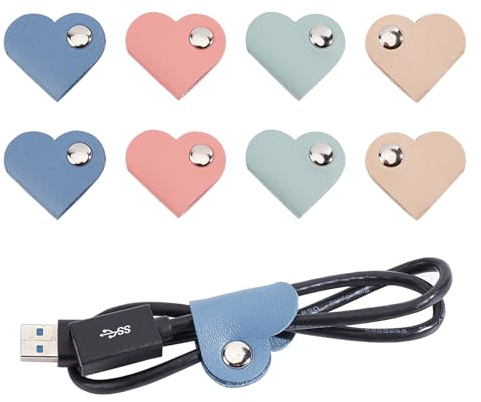 NICENEEDED 8 Pcs Leather Cord Organizers, Heart Management Earphone Wrap Winder Cable Ties Keeper, Earphones Headphones Cable Winder Earbud Organizer for Organizing Cable Headphone Wires