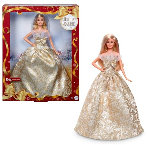 Barbie Signature - Barbie Magia delle Feste 2025, bambola da collezione con capelli biondi e abito argento e oro, confezione da esporre, regalo per le feste, giocattolo per bambini, 6+ anni, JBJ00
