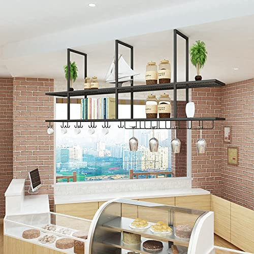 Ceiling Wine Glass Rack Industrial Metal Wine Rack with 2 Layer Hanging Storage for Red Wine Plants Books and Tableware Easy to Install and Beautifully Designed