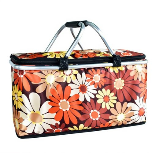 Grand panier à provisions pliable avec poignées rembourrées, panier pliable pratique avec cadre en aluminium, panier robuste, motif chrysanthème