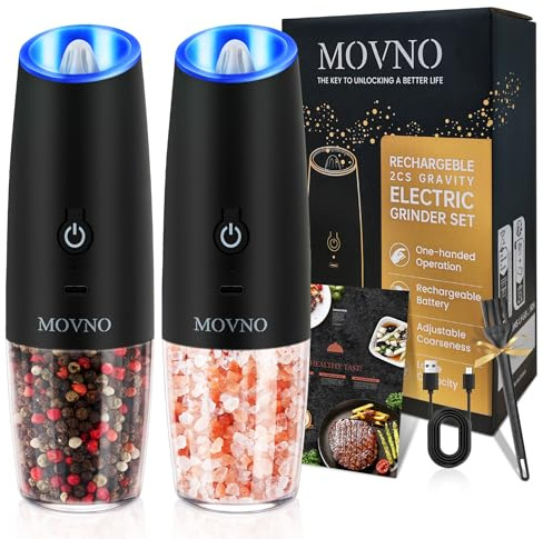 Gravity Electric Salt and Pepper Grinder Set, Battery Powered LED Light One Hand Automatic Operation, Adjustable Coarseness Mill Grinders Shakers Black (E. USB rechargeable -2P)