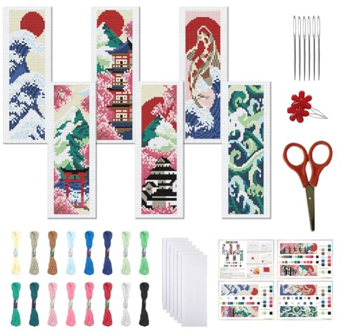 FREEBLOSS 6 Set Kreuzstich Lesezeichen Set Gestempeltes Cross StitchKit Gestempeltes Stick Lesezeichen Im Japanischen Stil Mit Anleitung Kreuzstich Sets Für Erwachsene 8''X2.4''