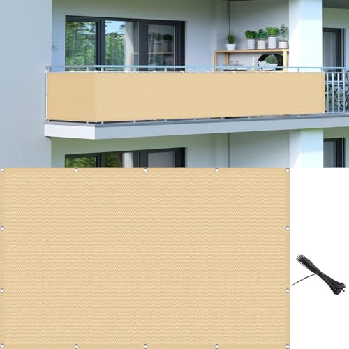 Balkonverkleidung Balkonabdeckung 100 x 270 cm UV Schutz Wind Sonnenschutz Balkon Sichtschutz Uv-Schutz mit Ösen, Nylon Kabelbinder Und Kordel, für Garten Balkon, Sandgelb