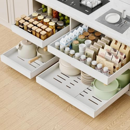 4 Pack Teleskopschublade, Ausziehbare Schubladen für Küchenschränke, Verstellbare Breite 32 cm - 52 cm, Küchenschrank Organizer Ausziehbar mit Nano-Film-Klebebefestigung (White-4 Pack)