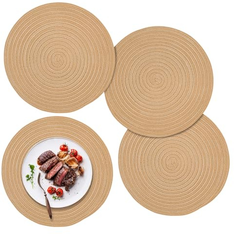 ZYDYRX 4 Stück Tischsets Rund Abwaschbar 30 cm Platzsets Geflochten Hitzebeständig Tischsets Boho Platzset Baumwolle Platzdeckchen Abwaschbar für Speisetisch Küche Hochzeitsfeier Hotel Rehbraun