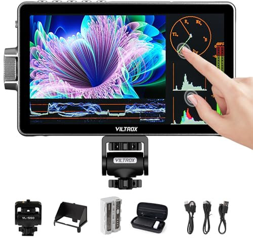 VILTROX DC-A1 2800 Nit Kamera Feld Monitor, 7 Zoll HD 1920 x 1080 IPS Touchscreen Kameramonitor mit 4K HDMI 2.0 EIN-/Ausgang, 3D LUT, Fokus-Peaking, Video-Assistent, HDR-Vollwellenform, F550 Akku
