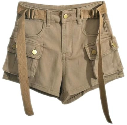 GLDFW Cargo Denim Shorts Donna Vita Alta Grandi Tasche Stile Safari Feminino Elegante College Retro Streetwear Pantaloni Corti, cachi, S
