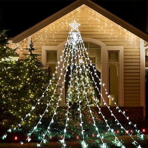 Kwaiffeo Weihnachtsbeleuchtung Außen: 3.5M Wasserfalllichter mit Stern - IP44 Wasserdicht weihnachtsdeko outdoor mit 8 Modi für Garten Terrasse Balkon Hochzeit Party Fenster, Weiß