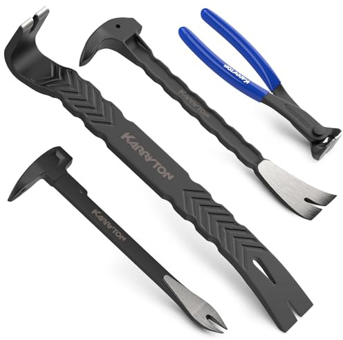 KARRYTON 4-Piece Heavy-Duty Pry Bar Set – 12 & 10 Utility Claw Pry Bars, 15 Flat Pry Bar, 8 End Cutting Pliers | CR-V Steel Nail Puller Tool with Hammer-Function & Ergonomic Grip