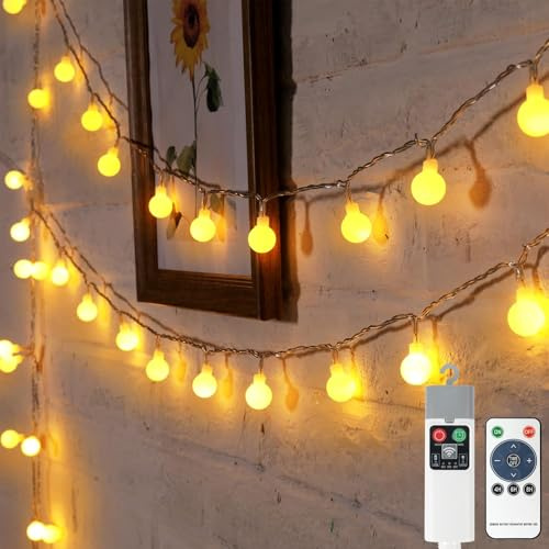 Bowfar Kugel Lichterkette USB Aufladbare Batterie, 10M 100LED Lichterkette Außen Batterie mit Fernbedienung, IP65 Wasserdicht Warmweiß Lichterkette Kugeln für Balkon Party Garten Hochzeit Camping