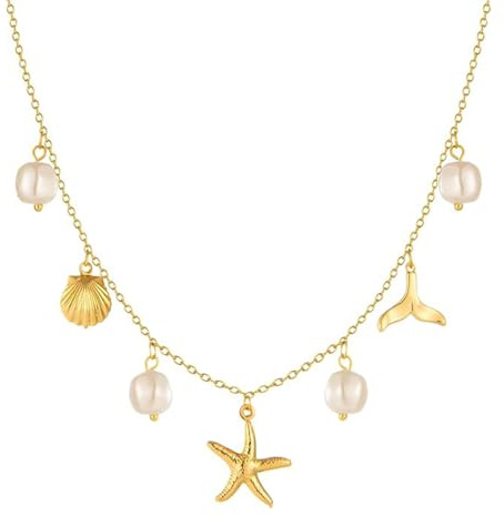 COYUN Collar con encanto para mujer, perlas de estrella de mar, concha de oro de 14 quilates, para verano, playa, surfista, collar de regalo
