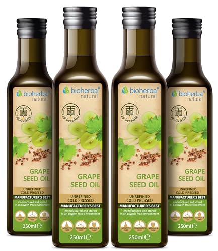 4 Huile de Pépins de Raisin 250 ml – Huile Végétale Pure Pressée à Froid | Naturelle et Polyvalente pour la Cuisine, la Peau et les Cheveux | 1000 ml