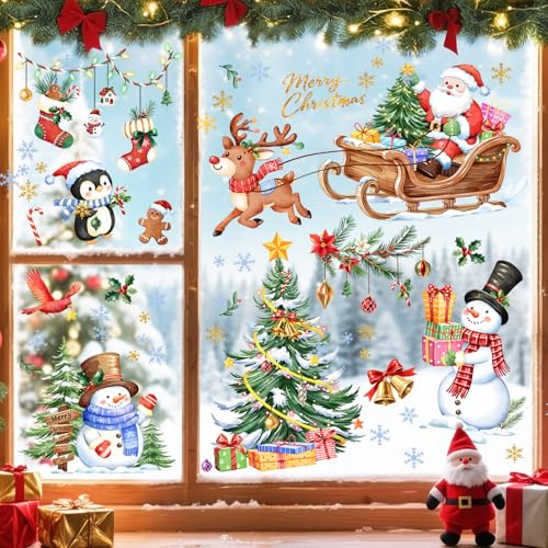 Supzone Fensterbilder Weihnachten Fenster Weihnachtsmann Rentier Fensteraufkleber Schneemann Pinguin Schneeflocke Baum Fensterfolie Weihnachts Dekoration Mehrweg