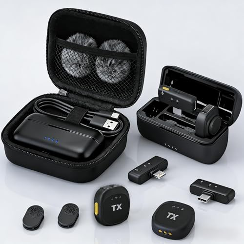 BSONE Micrófono Lavalier inalámbrico para iPhone y Android, mini micrófono de clip con funda de carga, micrófonos de solapa profesionales recargables para vlogging, grabación de video, creadores de