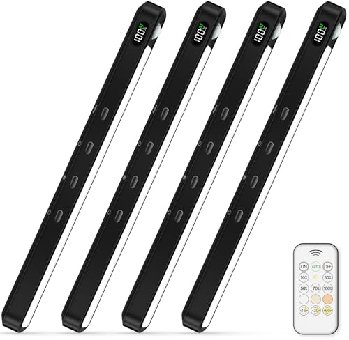 WILLED Schrankbeleuchtung Unterbauleuchte Küche 64 LEDs mit Fernbedienung,Anzeige des Batteriestands Led Bewegungsmelder 3 Farbtemperaturen Schranklicht,Schrankleuchte für Schlafzimmer,Küchen 4 Stück